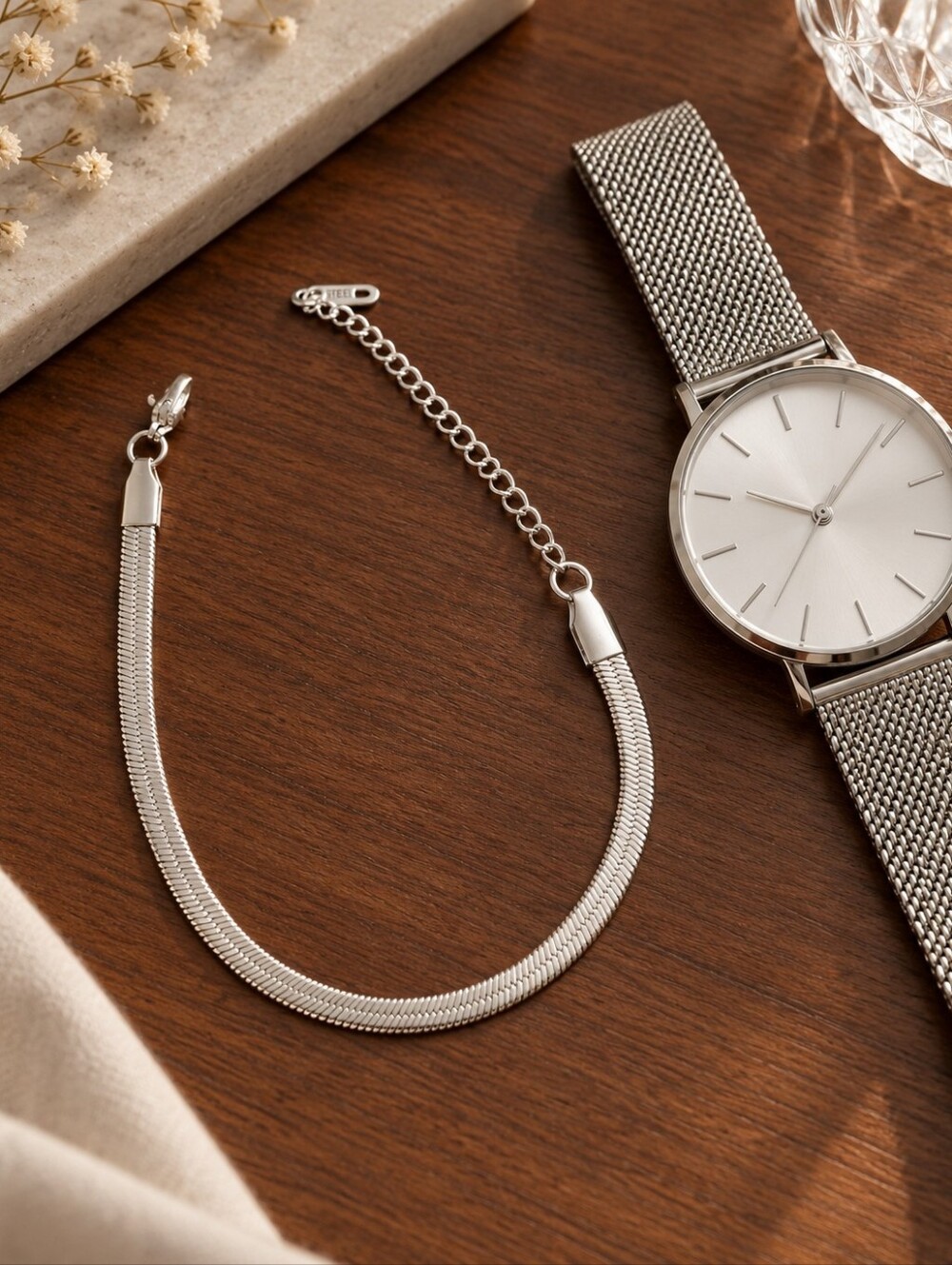 Herringbone Snake Chain Bracelet, Silver, 2mm, Stainless Steel